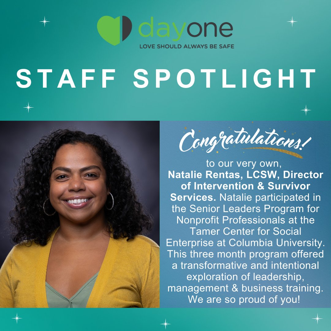 🎉 Congratulations to our very own, Natalie Rentas, LCSW, Director of Intervention & Survivor Services. Natalie participated in the Senior Leaders Program for Nonprofit Professionals at the Tamer Center for Social Enterprise at Columbia University. We are so proud of you! 💚👏