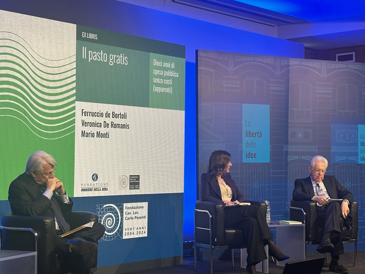 “La prof.a <a href="/VeroDeRomanis/">Veronica De Romanis</a> ha svolto e svolge un ruolo di attivatore di coscienza civile, non esitando anche ad andare contro corrente” #MarioMonti interviene al convegno promosso da #FondazionePesenti con <a href="/FondCorriere/">Fondazione Corriere</a>