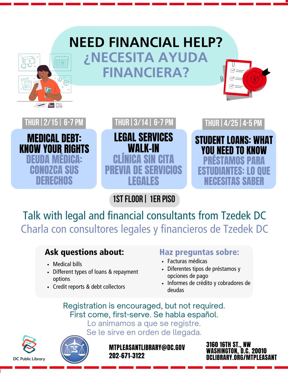 Join us THIS THURSDAY from 4-5 for a free seminar on #StudentLoans: What You Need to Know. You will also have the opportunity to chat with our lawyers and financial counselors. We'll be at the @dcpl Mt. Pleasant Library at 3160 16th St NW—see you then!