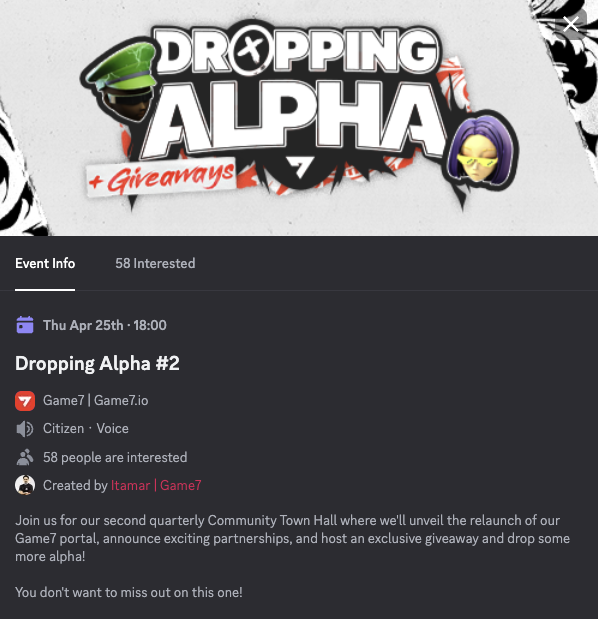 sooo we're having a community call in the @G7_DAO discord on thursday. new Game7 portal, partnerships, giveaways and ALPHA.

excited for the portal relaunch but really, really hyped to see what all that alpha is about.

see you there!