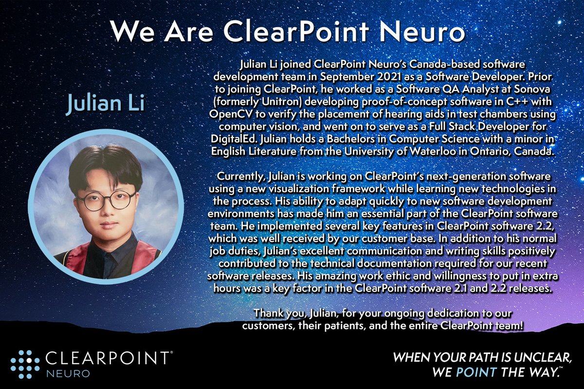 For April’s employee spotlight, we’re celebrating a member of our Canada-based software team, #SoftwareDeveloper, Julian Li! His excellent communication skills & fantastic work ethic make him an essential part of the #ClearPoint Software Development team. #EmployeeHighlight #CLPT