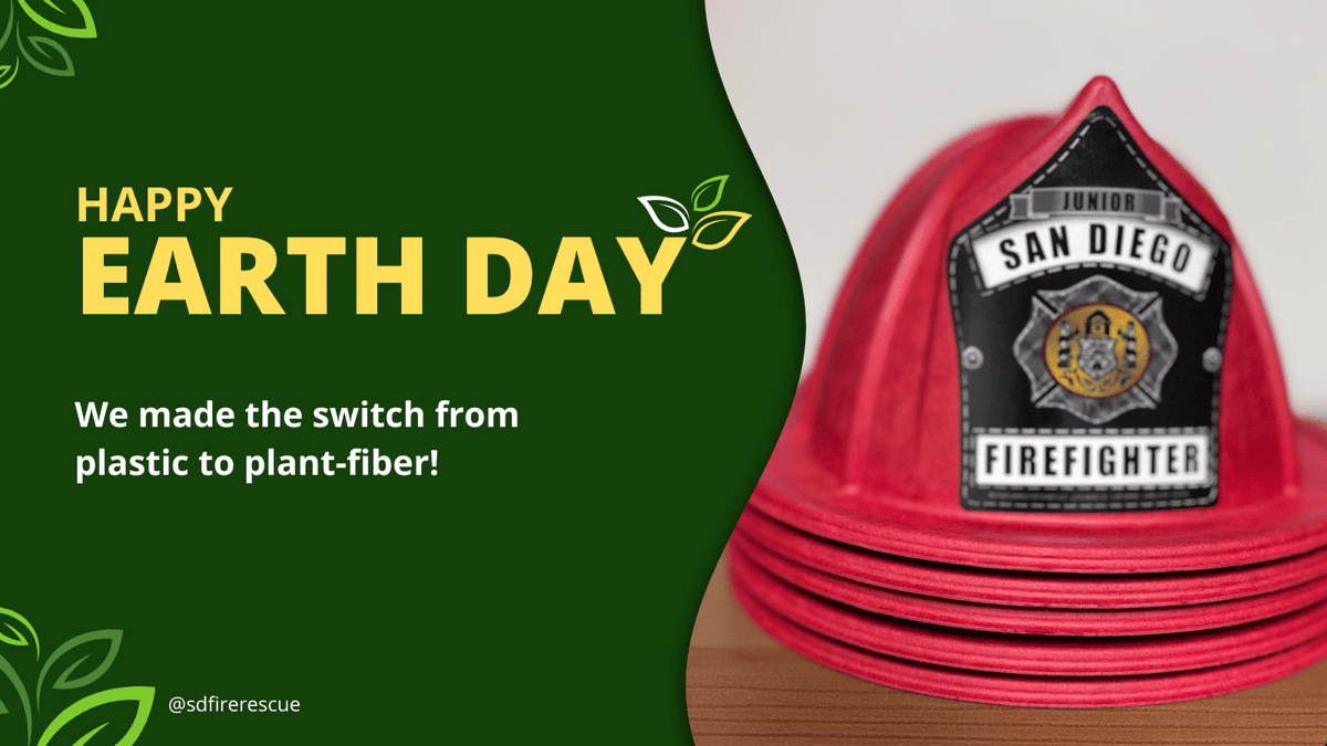 We recently switched from plastic to plant fiber Junior Firefighter helmets, saving 200,000 plastic helmets from landfills in less than one year. We are proud to support a small local business while making a big impact on the environment. #EarthDay #SDFD