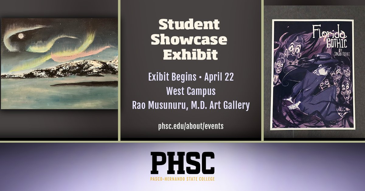 PHSCedu's tweet image. See student success in action at the student showcase exhibit at the West Campus Rao Musurunu, M.D. Art Gallery. One-of-a-kind art pieces will be on display through various media styles. Exhibit ends on May 30.

Learn more: phsc.edu/campus-life/ra…
#studentshowcase #PHSCedu