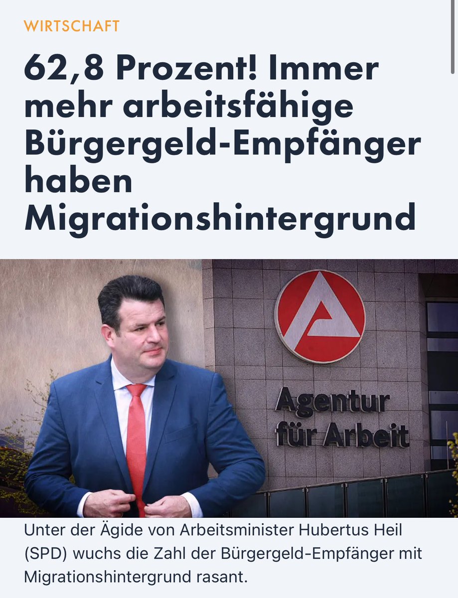 Deutschland wird geplündert!

Im September 2023 hatten 2 von 3 arbeitsfähigen Bürgergeld-Empfängern Migrationshintergrund.

▪️Im Westen: 67,5% 
▪️Im Osten: 47,6%.

Spitzenreiter
1. Hessen: 76,2% 
2. BaWü: 73,8%
3. Hamburg: 72,5%

Die Tendenz: weiter steigend.
▪️2020: 55,3%