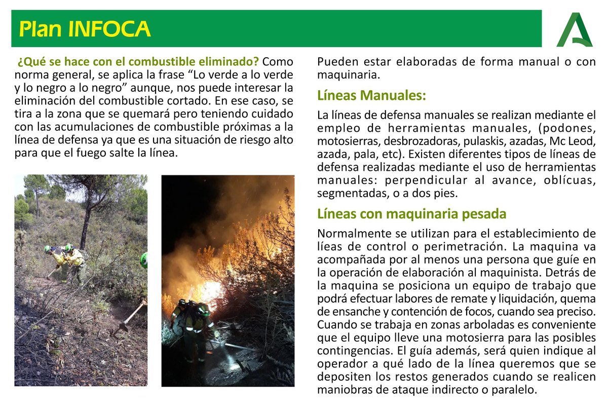 En extinción de #IncendiosForestales una línea de defensa es un elemento elaborado con el fin de romper o cortar la continuidad del combustible situado en la trayectoria del incendio. Puede ser realizado de forma manual, o mecánica (maquinaria pesada). Te contamos más…