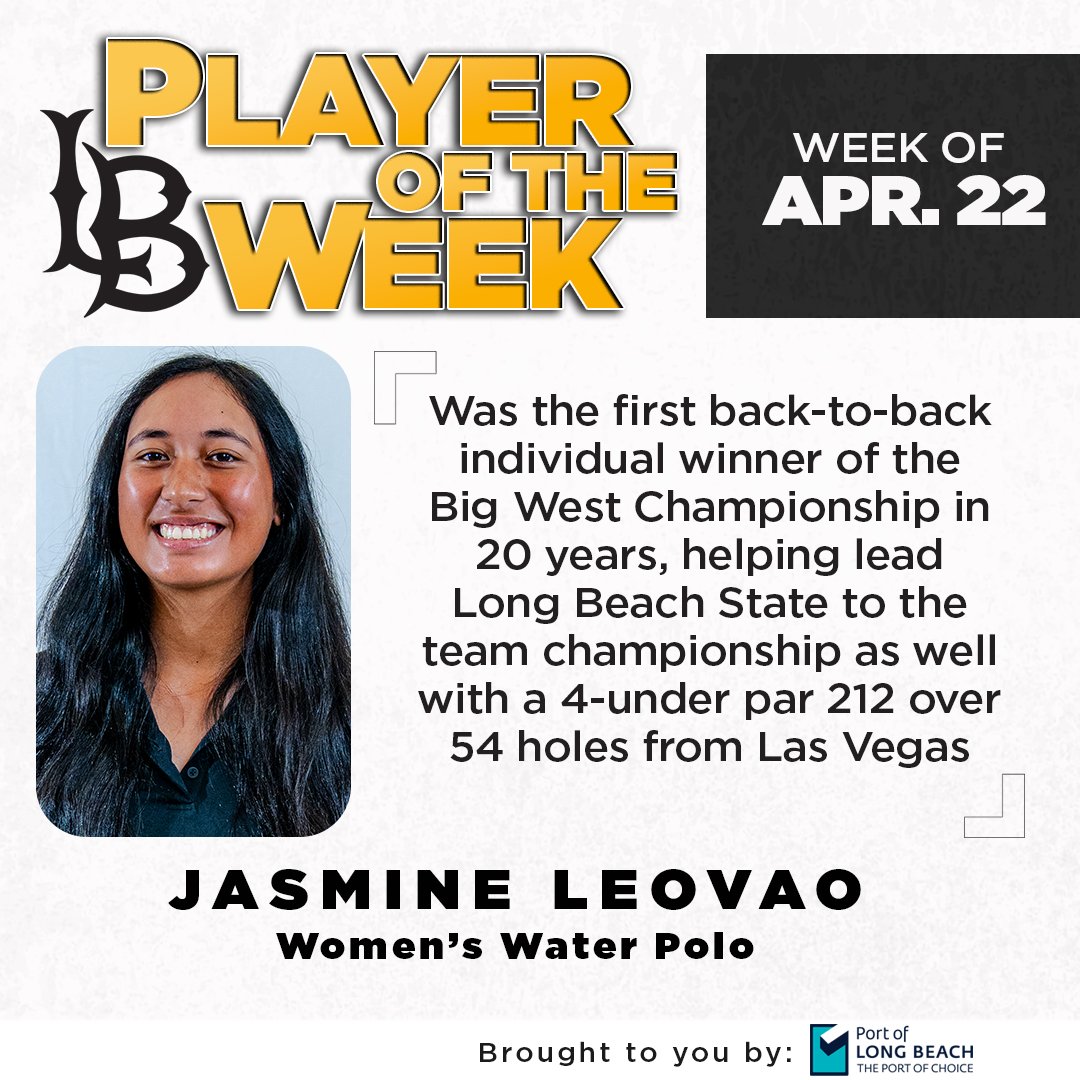 Sophomore Jasmine Leovao of Big West Champion @LBSUWGolf is our Player of the Week, presented by @portoflongbeach! Leovao repeated as the individual medalist at the Big West Championships, the first repeat winner since 2004. #GoBeach