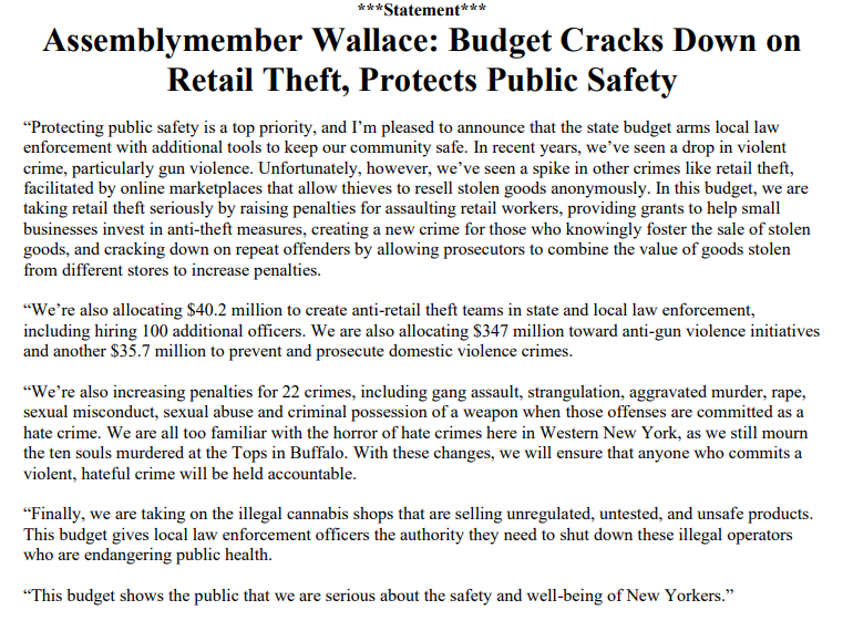 This budget protects public safety by: ➡️Raising penalties for assaulting retail workers. ➡️ Funding for law enforcement to crack down on retail theft, gun violence, and domestic abuse. ➡️ More hate crime charges. ➡️ New offenses and tools to tackle retail crime.