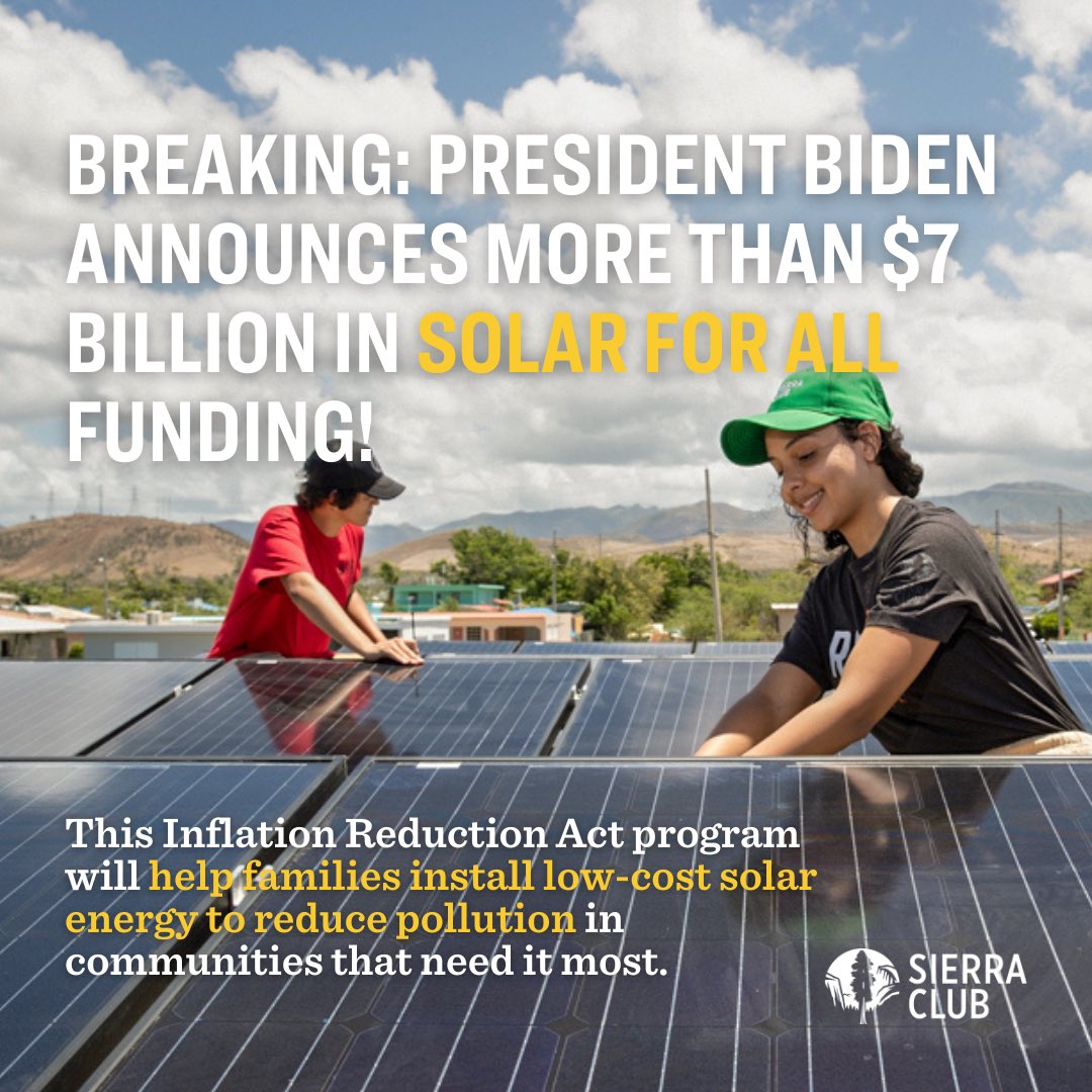 Today’s announcement of $7B in awards through the @EPA's #SolarForAll program is another incredible milestone in @POTUS’ climate plan. This funding will make a major impact in communities overburdened by pollution.

Read our statement from @BenJealous: sierraclub.org/press-releases…