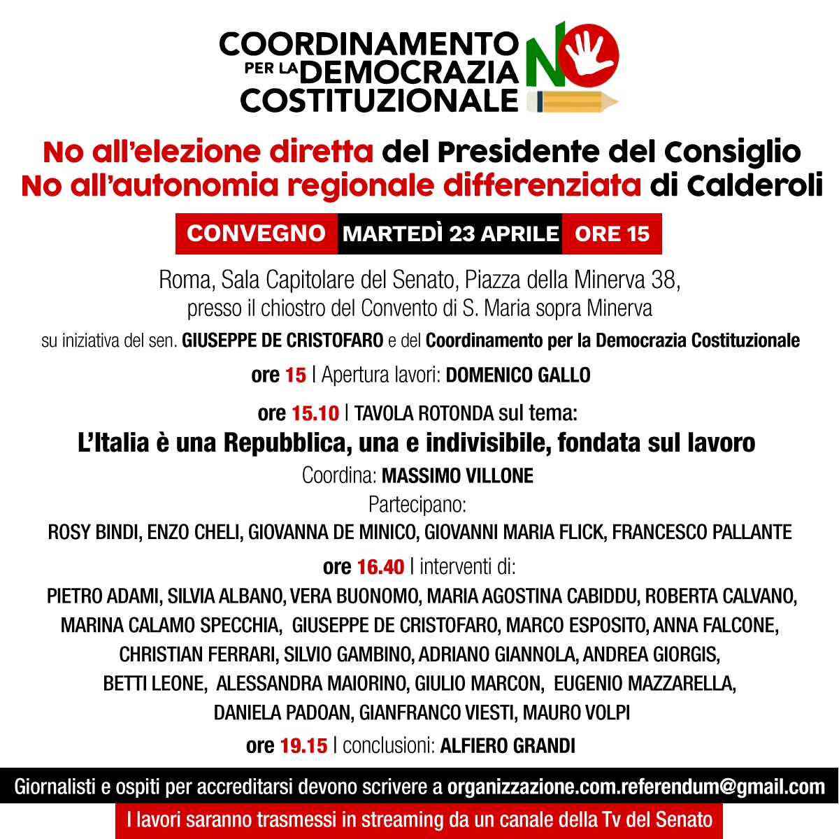📢Mar. 23.4, ore 15, Roma: NO all'elezione diretta del Presidente del Consiglio, NO all'autonomia differenziata 📺Streaming sulla web-TV del @SenatoStampa #NoPremierato #NoAutonomiaDifferenziata