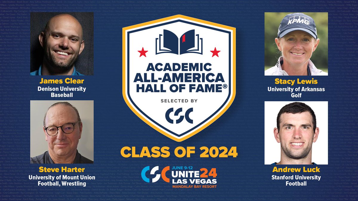 Today, we are thrilled to announce the @CollSportsComm @AcadAllAmerica Hall of Fame® Class of 2024! The class is highlighted by @JamesClear (@DenisonU), @Stacy_Lewis (@UArkansas), @stevensharter (@mountunion), and Andrew Luck (@Stanford). Read more: academicallamerica.com/news/2024/4/19…