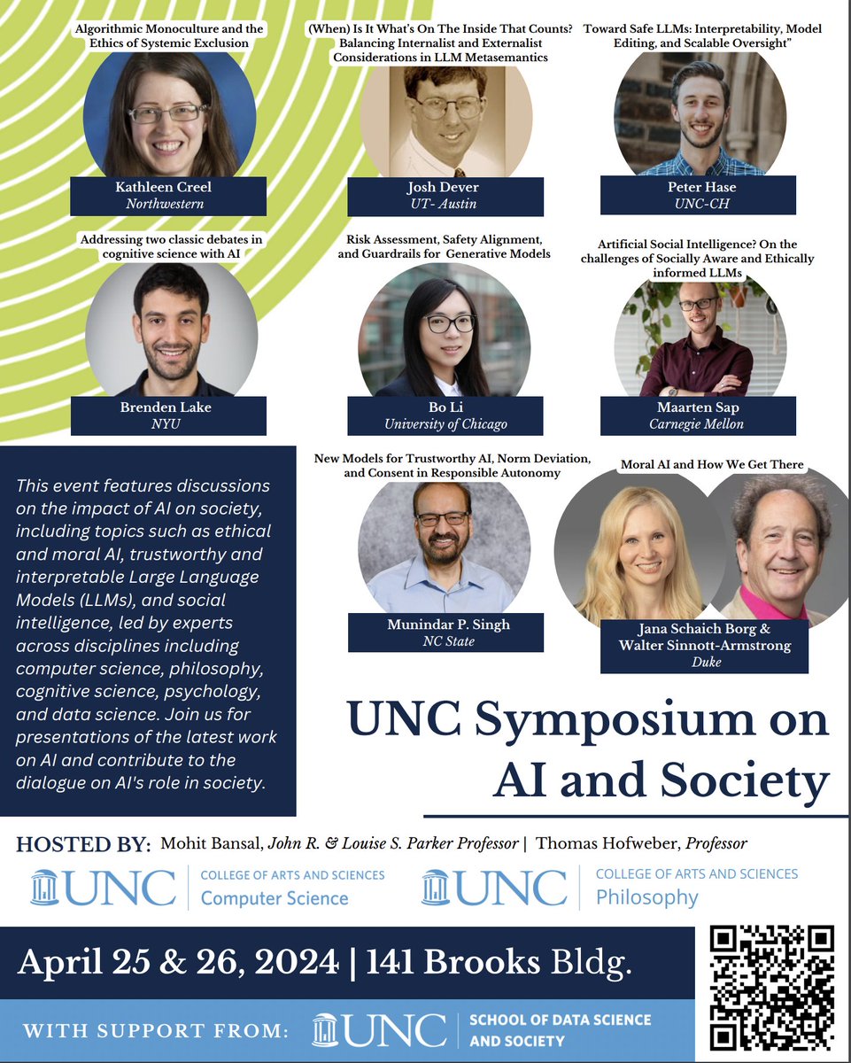 🚨 Excited to announce the 'UNC Symposium on AI and Society'! 🙂 cs.unc.edu/event/symposiu… Excellent line-up of speakers (Apr25+26) across diverse disciplines/departments incl. computer science, philosophy, cognitive science, psychology, ethics, sociology, data science,