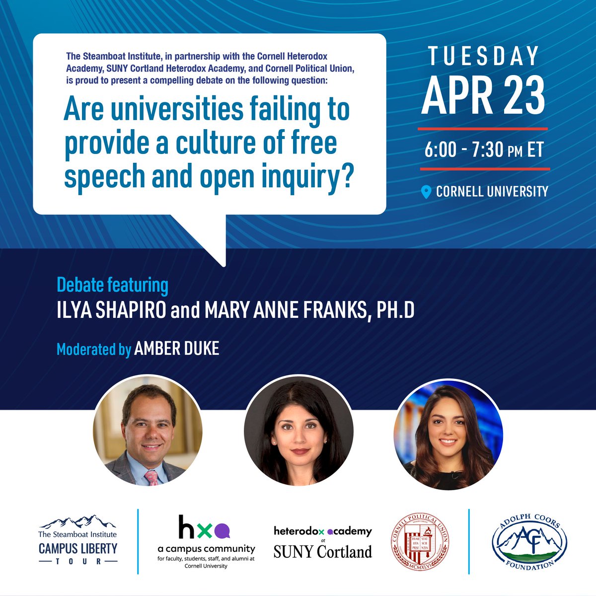 Tomorrow evening I will be moderating a debate between @ishapiro and @ma_franks at Cornell University: Are universities failing to provide a culture of free speech and open inquiry? You can register through @Steamboat_Inst to watch the debate live online: