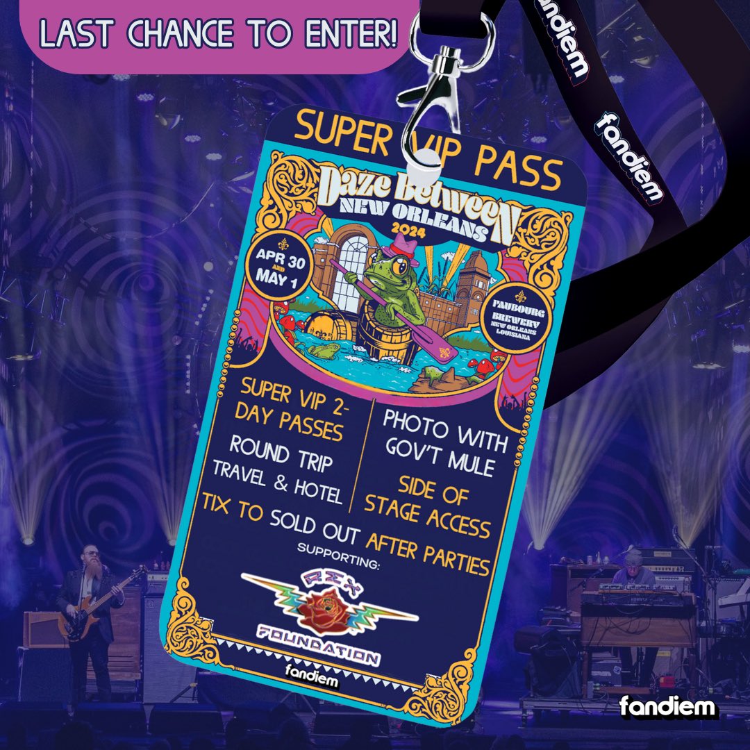 LAST DAY TO ENTER! Win a trip to Daze Between in NOLA plus a guitar signed by performing artists, side stage access and more. Support the @RexFoundation before 11:59PM PT TODAY 4/22 at: fandiem.com/dazebetween @winwithfandiem