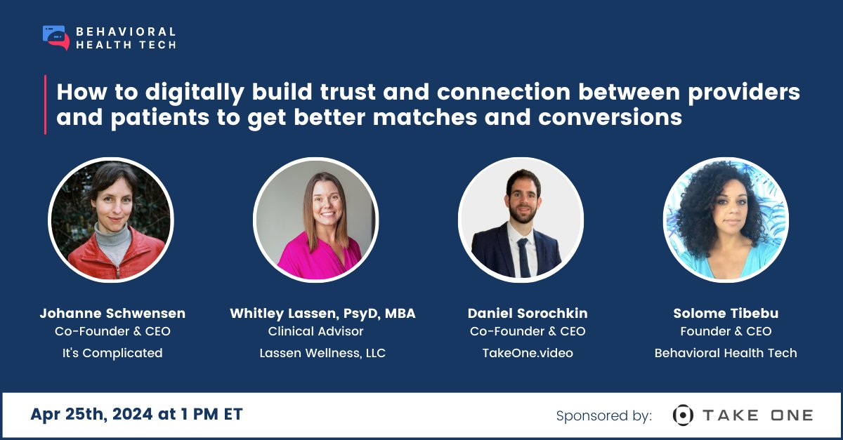 There is still some time left to sign up for this week's webinar with TakeOne discussing how advances in video technology can help overcome issues of trust and connection in therapy! Register here: shorturl.at/mprzJ