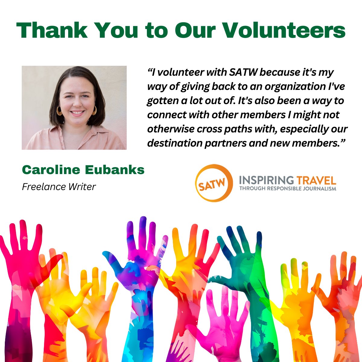 .@cairinthecity volunteers with SATW because it's her way of giving back & connecting with other society members. Thank you, Caroline, for all you do!

#NationalVolunteerWeek #TravelWriting #TravelBlogging #Travel