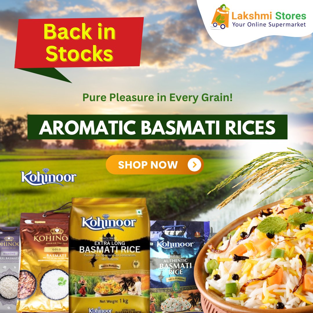 🌟 Back in stock! 🌾 Kohinoor Basmati Rice - Pure Pleasure in Every Grain! 

Elevate your meals with the authentic taste of India.
 Don't miss out,shop today and experience the magic in your cooking! 🍚

lakshmistores.com
 #lakshmistoresuk #buyonline #basmatirice #kohinoor