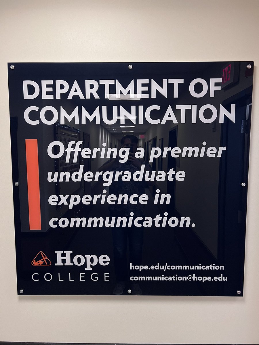 hopecommdept's tweet photo. Totally loving our new hall sign &amp; fresh sticker designs. Special thanks to Hope Public Affairs &amp; Marketing &amp; especially the Physical Plant staff. Stop by Martha Miller to behold our shiny new sign &amp; update your sticker swag! 🧡💙 @hopecollege #HopeCollege #StudyCommunication https://t.co/kUoap74Xec