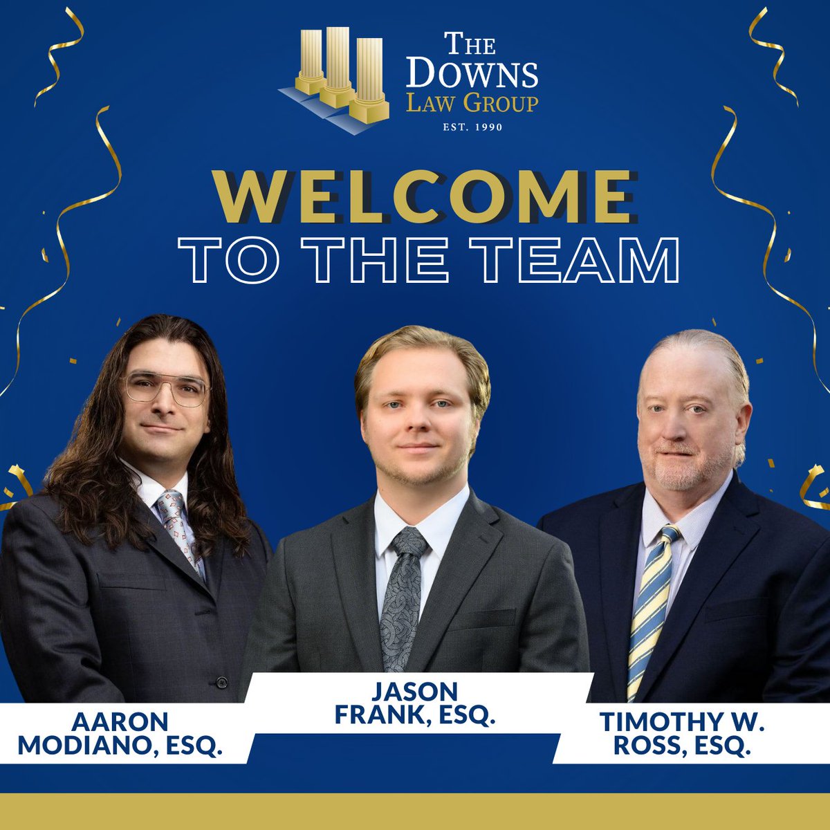 The Downs Law Group is thrilled to introduce Jason Frank, Esq. Timothy Ross, Esq., and Aaron Modiano Esq. who have recently joined our team!💫

We’re excited to have them on board, each bringing their unique skills, expertise, & passion for justice to our firm.⚖️✊

 #NewEmployee