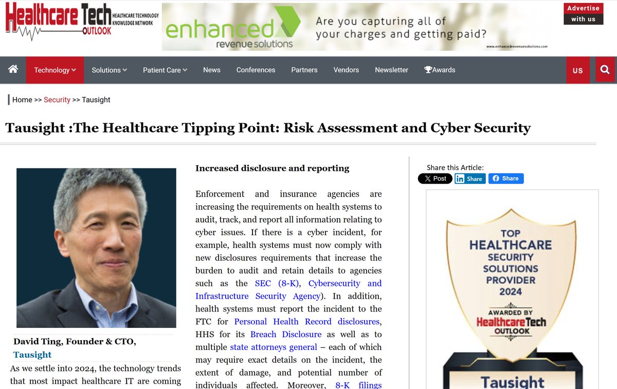 David Ting shares how #healthcareIT is evolving fast, but so are cyber threats. From resilience strategies to stringent reporting, securing #ePHI is non-negotiable. Read via @HealthCareTO: security.healthcaretechoutlook.com/vp/-tausight/t… #HealthTech #CyberSecurity