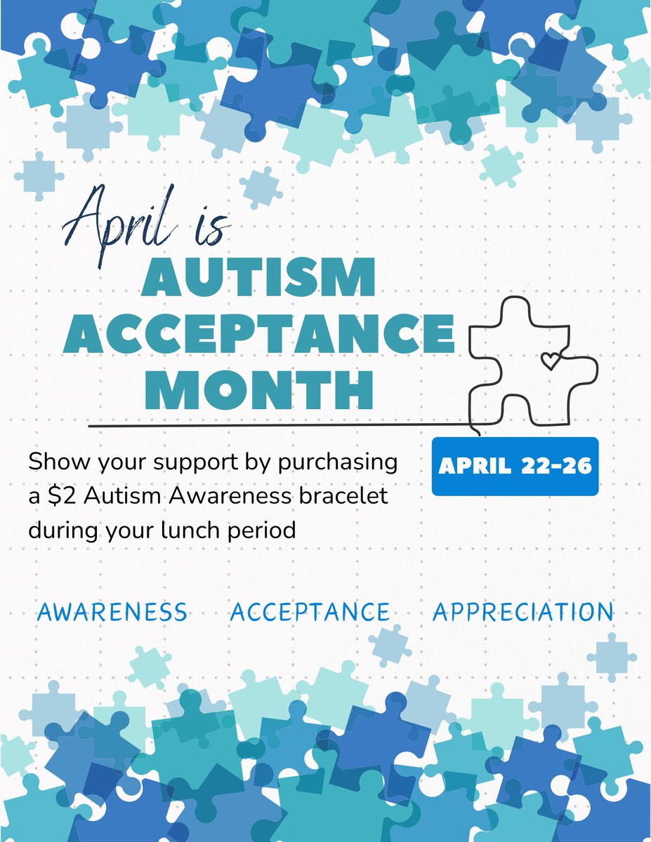 Hey Eagles!! Don’t forget to get your Autism Acceptance bracelet during your lunch period this week! #AutismAcceptanceMonth #LeydenPride