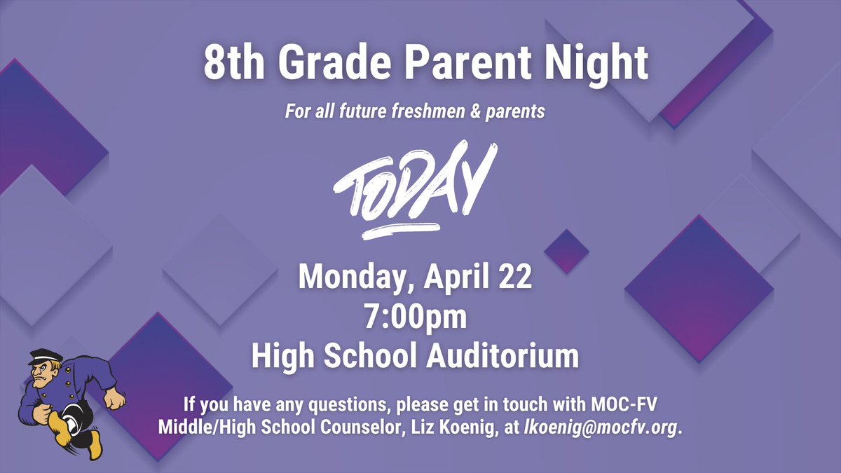 Our 8th Grade Parent Night is happening TONIGHT at 7pm in the HS Auditorium! Don't miss out on: ✅ Grade-level tips from our HS Teachers ✅ Coursework prep & selection ✅ Reading your transcripts, HS schedule, etc. ✅ Future 4-year planning