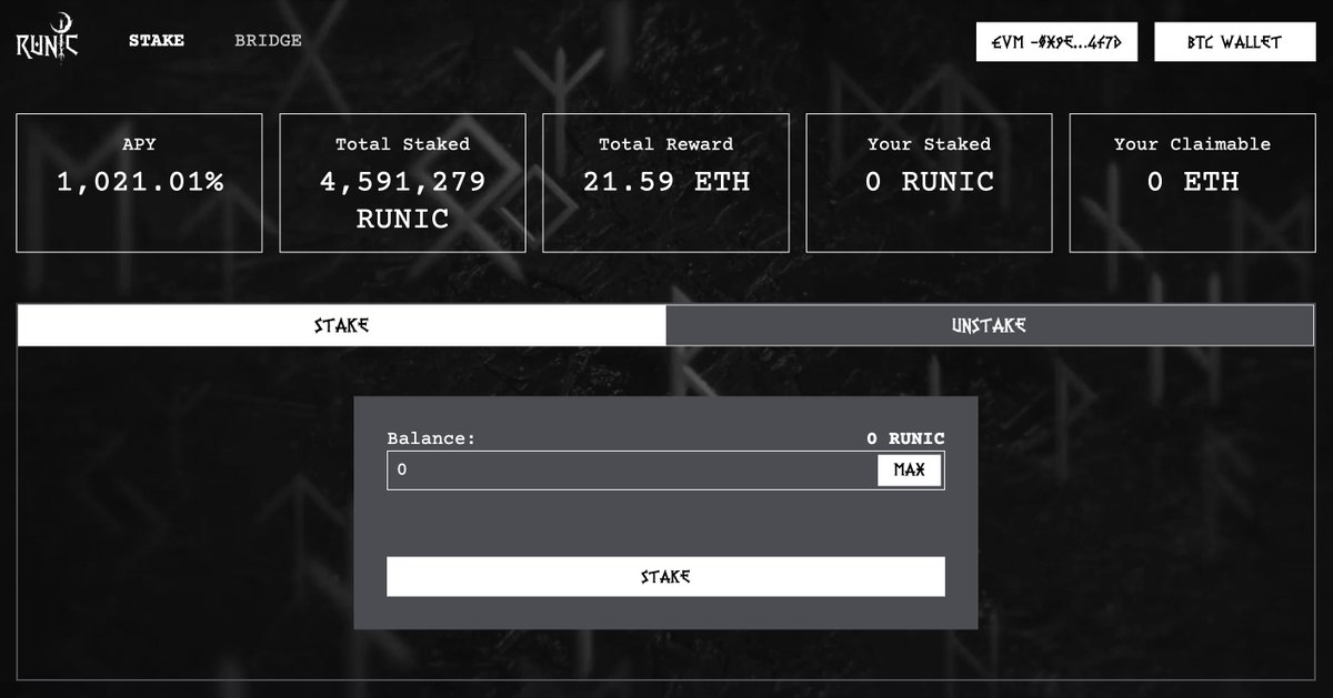 Runic_Layer2's tweet photo. $RUNIC STAKE 💰

🔸Total Staked: 4.5% Supply
🔸Total Reward: 21.5 ETH
🔸APY: +1000%

➡️Stake now: https://t.co/UkzV5mBemB

#RunicChain - #BitcoinLayer2 offers an advanced and robust ecosystem to maximize Bitcoin potential. https://t.co/H0AThCFG1G