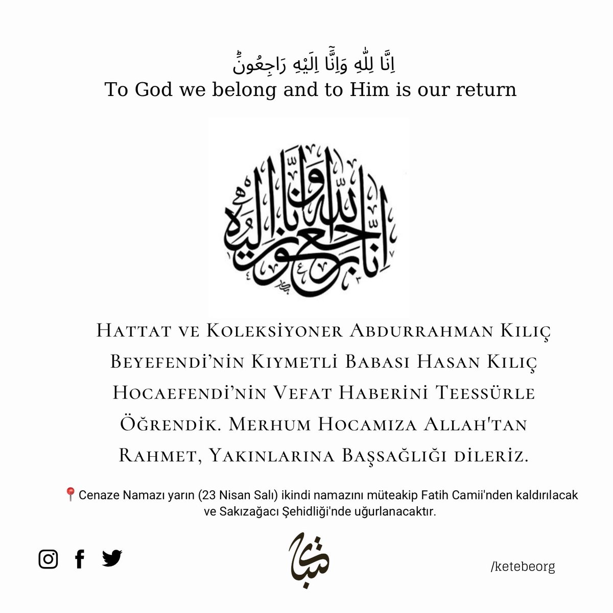 Hattat ve Koleksiyoner Abdurrahman Kılıç Beyefendi’nin Kıymetli Babası Hasan Kılıç Hocaefendi’nin Vefat Haberini Teessürle Öğrendik. Merhum Hocamıza Allah'tan Rahmet, Yakınlarına Başsağlığı dileriz.