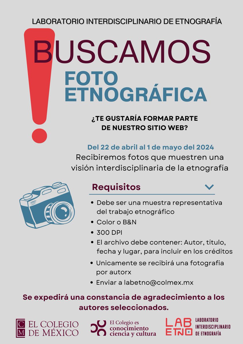 Abrimos una convocatoria para colaboración que no se pueden perder.
Tienen hasta el 1 de mayo para sumarse a la experiencia de creación del Laboratorio Interdisciplinario de Etnografía - Colmex