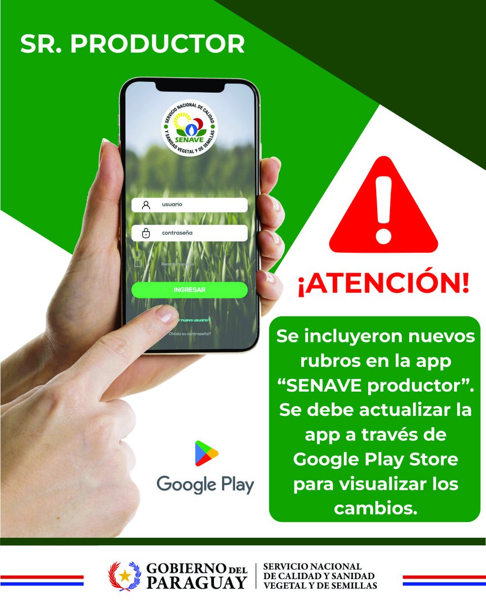 SENAVEParaguay's tweet photo. ⚠ El #SENAVE informa que se ha actualizado el listado de rubros habilitados para la emisión de los Documentos de Trazabilidad electrónicos #DTVe, por lo cual insta a productores a actualizar periódicamente la aplicación móvil
Lista actualizada de rubros https://t.co/bR2sriPF84 https://t.co/2raaaPgJHq