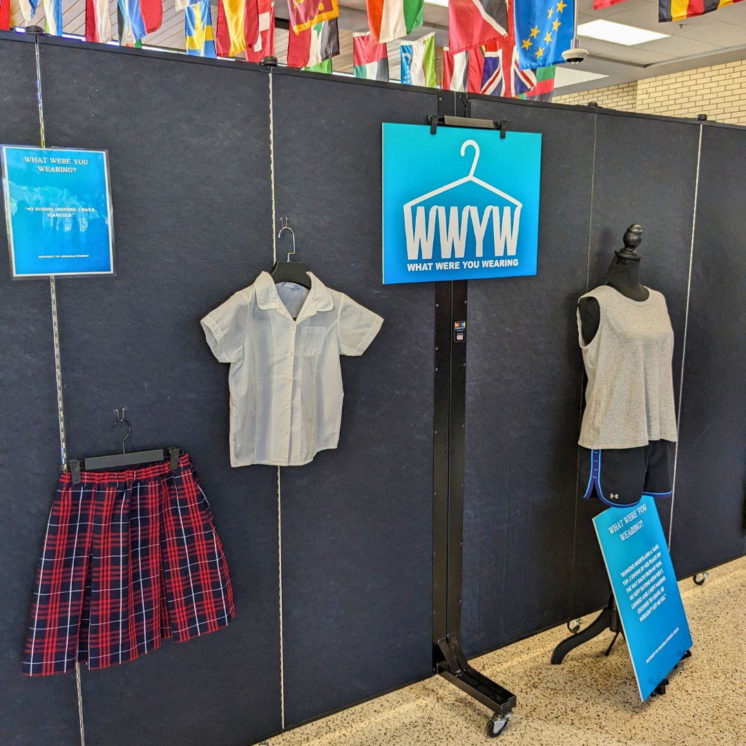 The annual What Were You Wearing Exhibit is up now in the UARK Union! Take a walk through the exhibit and read the stories of survivors volunteered from local students. 
This is the Tenth Anniversary of the exhibit.  Learn more at: shorturl.at/fIMV8