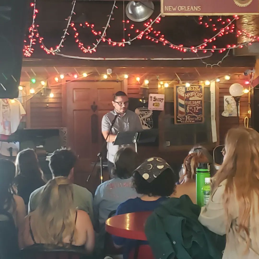 Photo 2: the amazing poets @skyeinthecity @AriCisco and MA Nicholson humoring me. Photo 3: @jackbedell closing our reading with some beautiful work. Photo 4: @AriCisco reading poems about lizards as only a Florida Man can. #NewOrleansWriters #NewOrleansPoetry