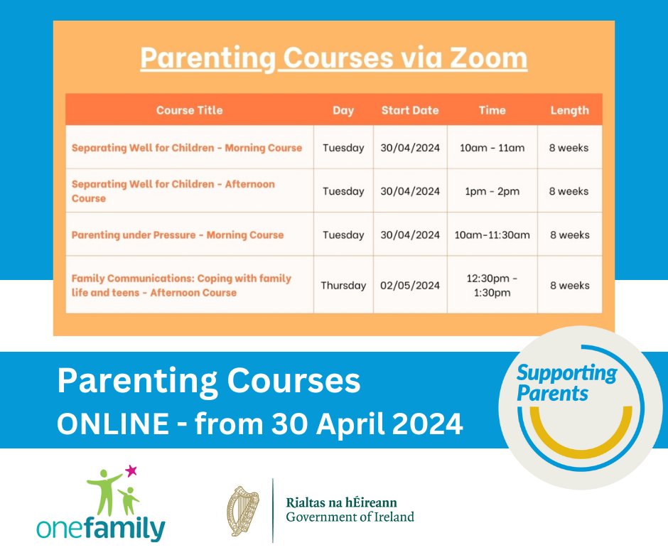 One Family are offering group based parenting courses via Zoom. Starting from 30 April. Information and contact details at: bit.ly/3OaJ1do Note: There is a cost of €50 to join each 8 week course. #supportingparentsire