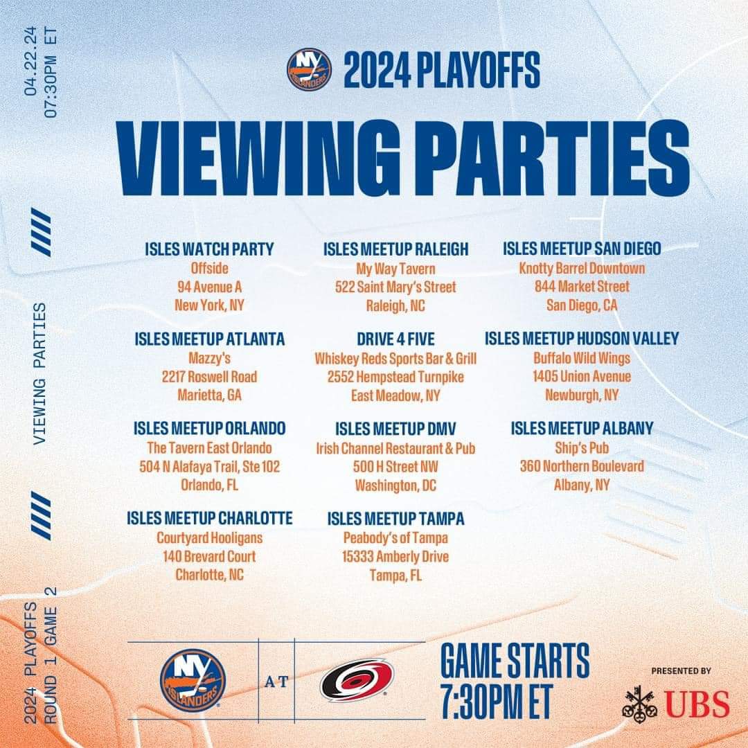 Viewing Parties! <a href="/IslesMeetups/">Isles Meetups</a> <a href="/NYIslanders/">New York Islanders</a>
