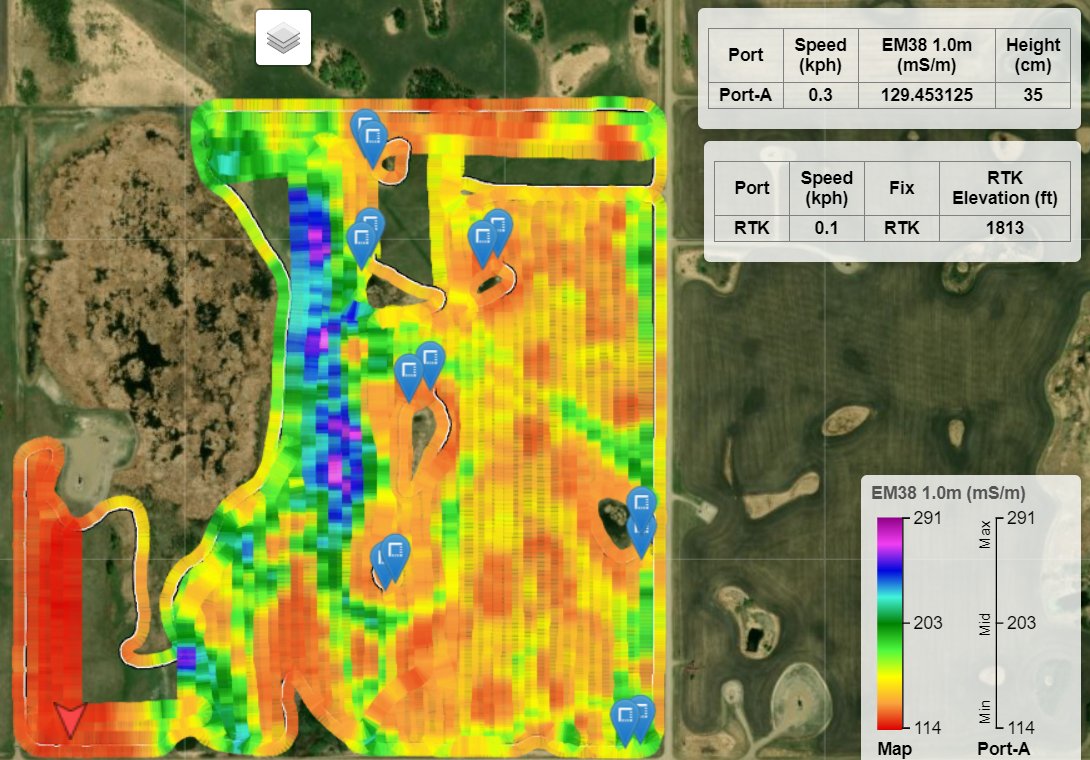 SWATMAPS_Derek's tweet photo. Mapping with @swatmaps #swatbox in full swing now. Common objection to VR - We're flat so minimal variability. Only 9 ft elevation range in this SW MB field, but high EC range at 177ms/m! Big influence from water/salts here. Low + High EC in depressions-do not use EC on its own! https://t.co/OZvBc7augq
