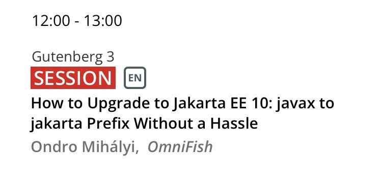 Hi Mainz, we’re here at @Jaxcon! If you’re here, check out our own @OndroMih’s session on Tuesday,  23 April, how to upgrade to to the jakarta.* prefix without a hassle and start using @JakartaEE 10 right away, e.g. with @GlassFish 7.
#JakartaEE #JaxCon #GlassFishStrikesBack