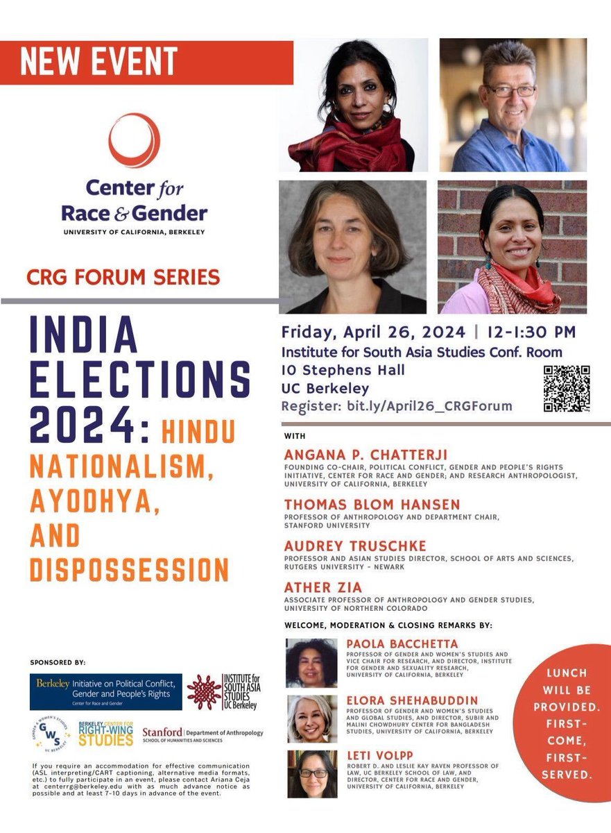 Join @ChatterjiAngana, Thomas Blom Hansen, @AudreyTruschke, and @aziakashmir for an engaging forum on the 2024 #IndianElections at @UCBerkeley! 📆 Friday, April 26th, 12-1:30 pm 📍Institute for South Asia Studies Conference Room, 10 Stephens Hall, UC Berkeley