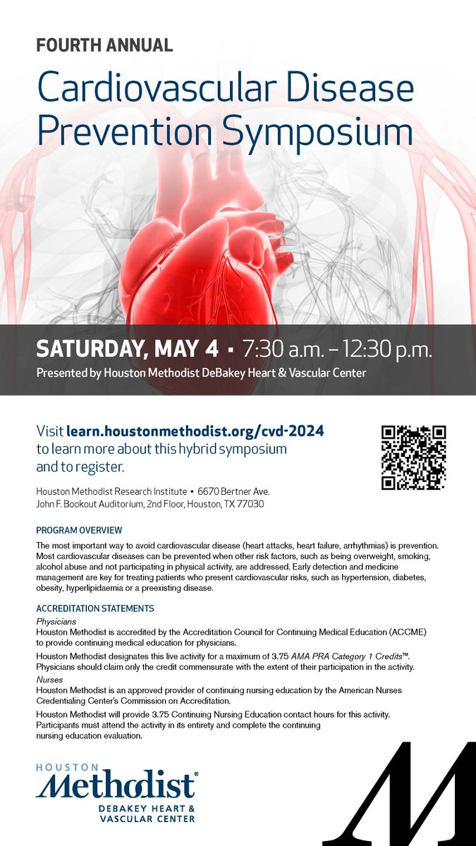 Join us on Saturday, May 4, 2024, from 7:30 - 12:30 p.m. for the 4th Annual CV Disease Prevention Symposium. Visit learn.houstonmethodist.org/cvd-2024 to learn more about this hybrid symposium and to register. @khurramn1 @kershawpatel