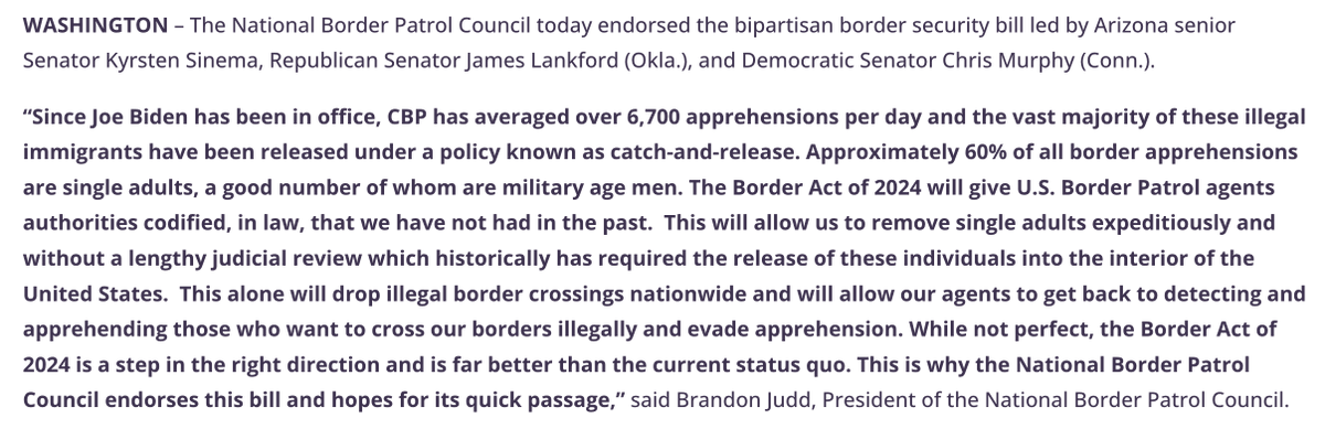 Two facts about the Lankford-Murphy-Sinema border bill that Republicans voted down: —It had none of the legalization or DACA provisions that Democrats had demanded until then. —It was championed by the border patrol agents' union, which endorsed Trump in 2016 and 2020.