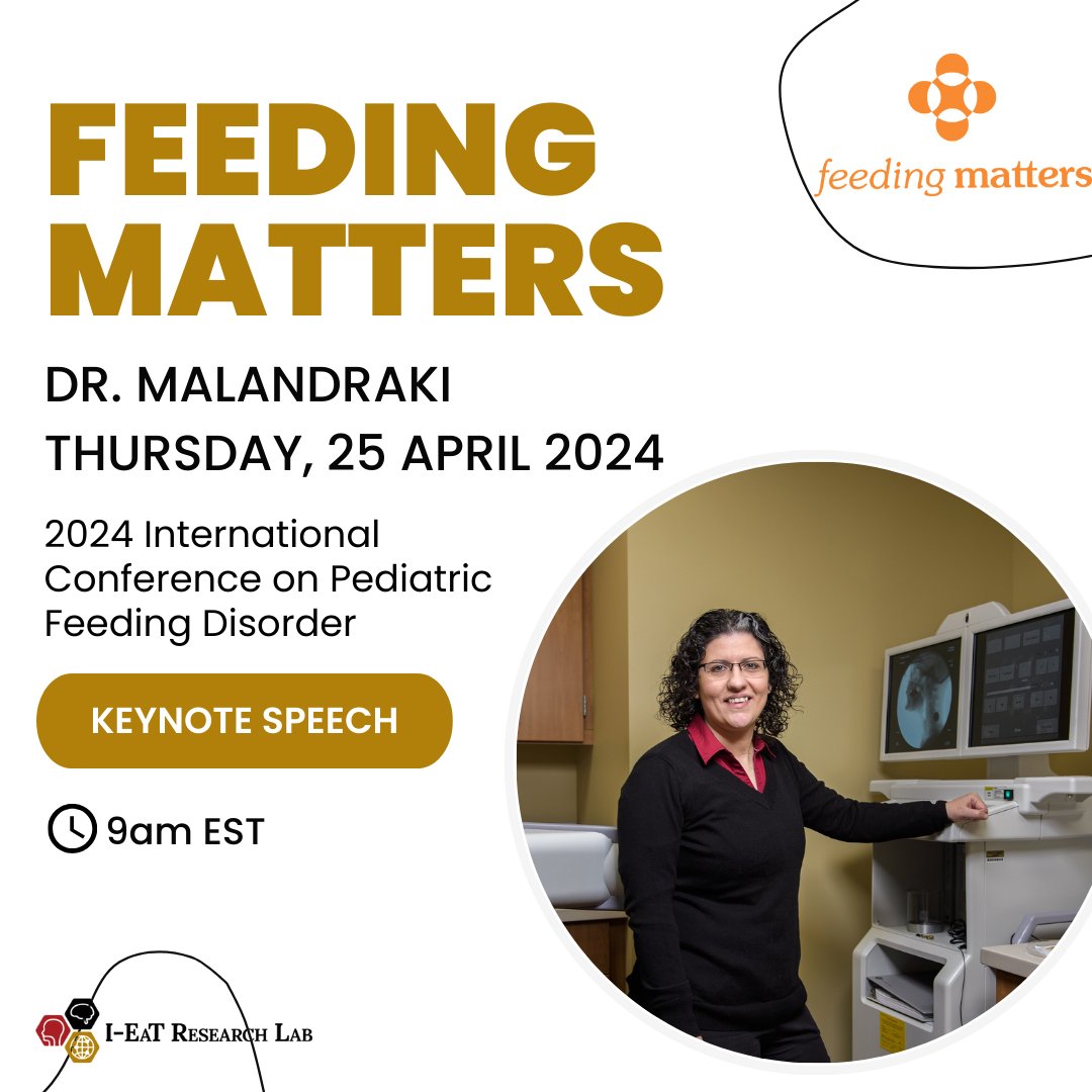 To learn more about our lab's research on the role of the nervous system on feeding & swallowing with a focus on children, check out the 2024 International Conference on Pediatric Feeding Disorder @FeedingMatters. @DrMalandraki will be presenting the keynote on 4/25 at 9am EST!