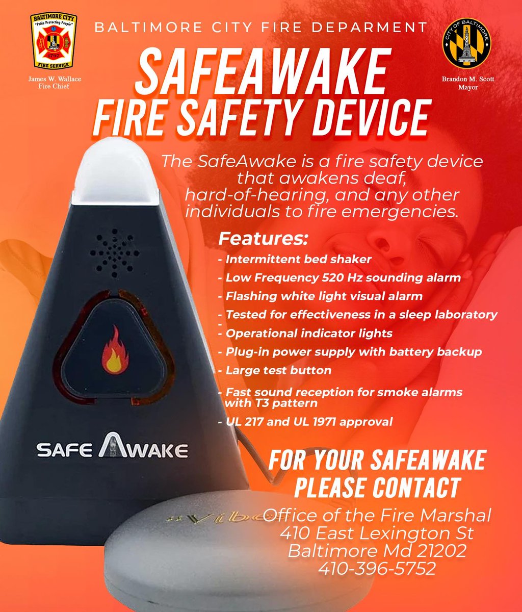 For fire safety, especially if you or someone you know has a hearing impairment, consider smoke alarms with vibrating pads and flashing lights. Contact the Baltimore Office of the Fire Marshal at 410-396-5752 or visit 410 East Lexington St., 21201, for SafeAwake alarm clocks.