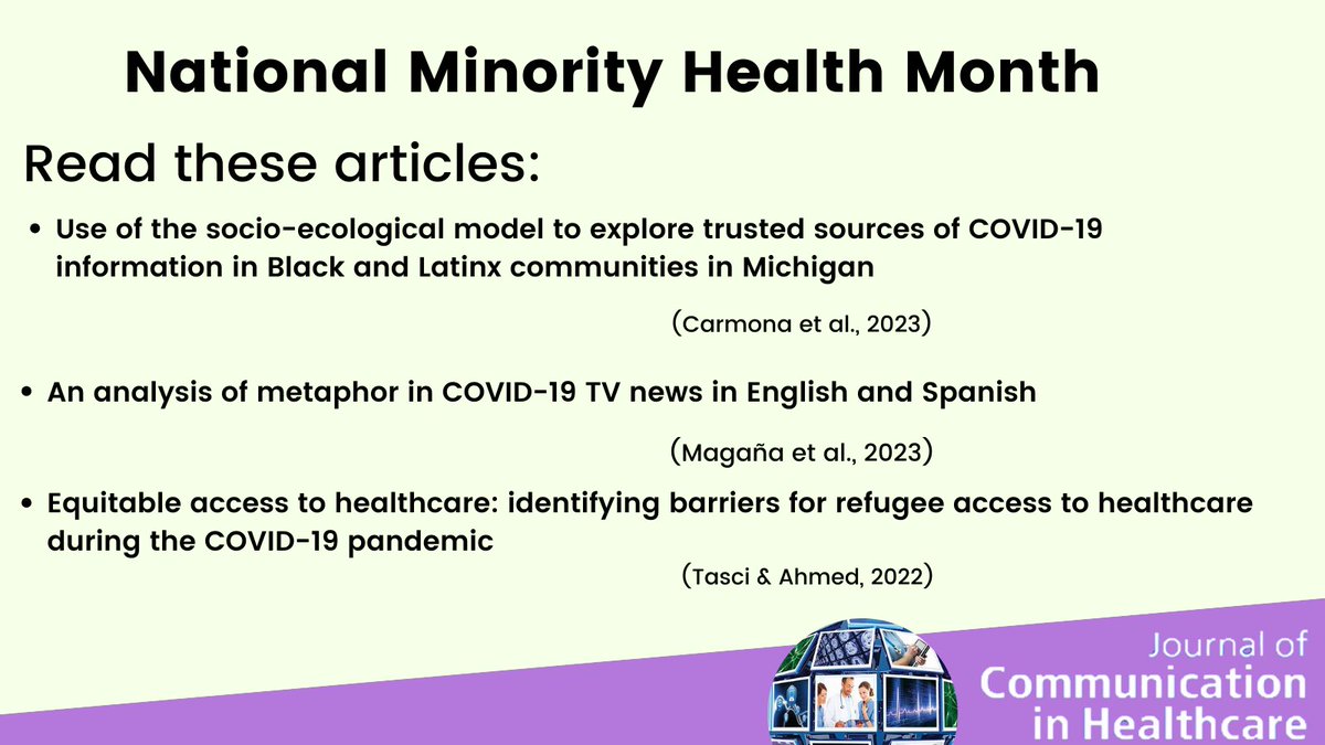 National Minority Health Month, a time to raise awareness about minority health to reduce health disparities Read articles published in @JCIHonline related to #minorities tandfonline.com/doi/full/10.10… tandfonline.com/doi/full/10.10… tandfonline.com/doi/full/10.10… #healthcommunication #minorityhealth