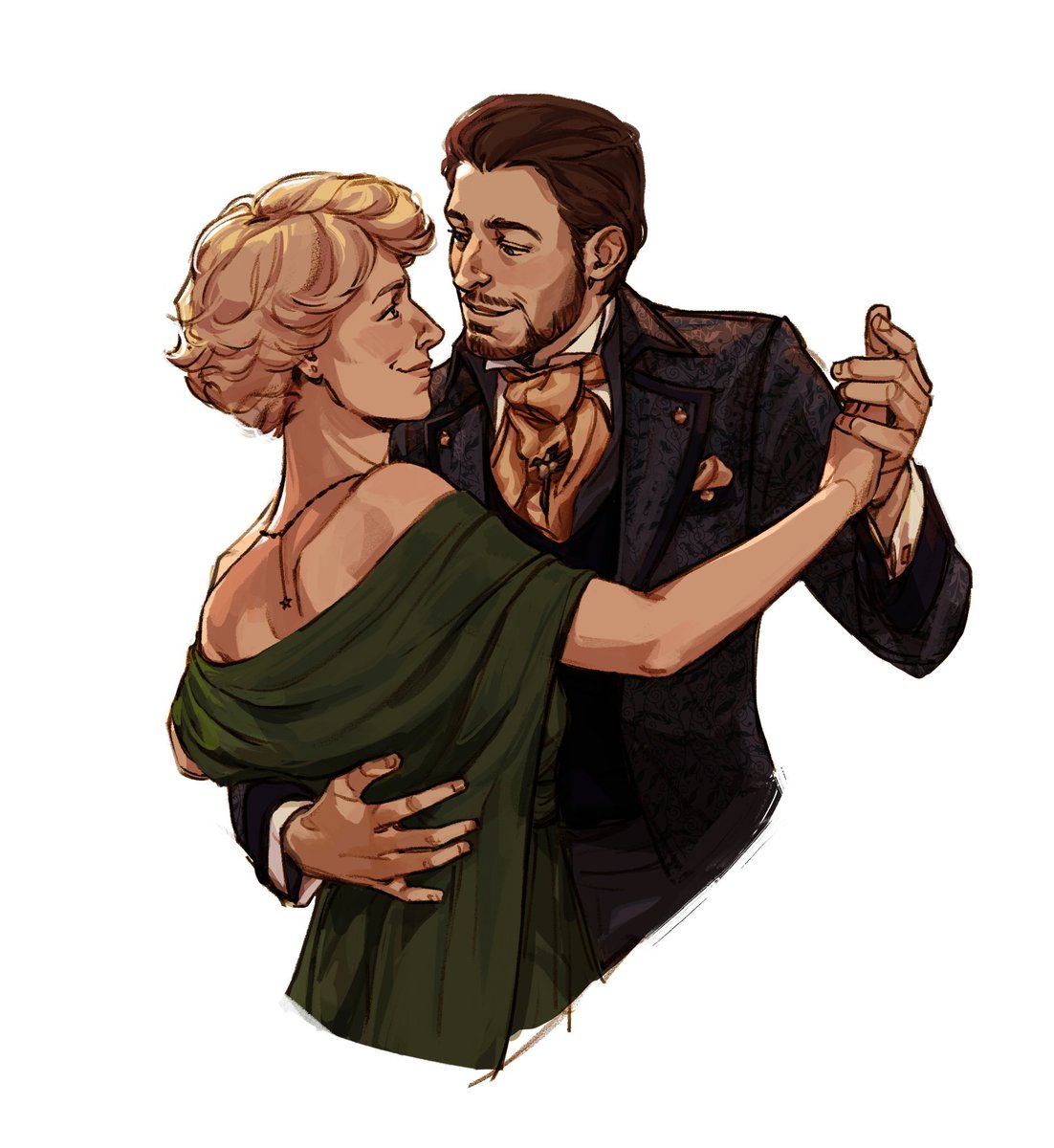 Many CoS campaigns have an Ernst Larnak, but ours might have the most charming one...😏 Huge thanks to @nomoshobia for perfectly capturing this romantic moment between my OC, Faela, and Ernst! 💖 (fake marriage + dancing, I am living my best dnd life) #dnd #curseofstrahd