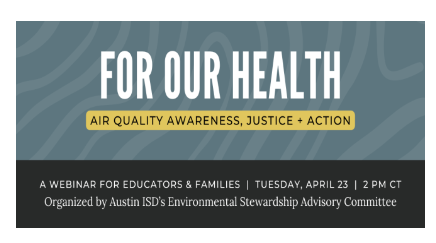 🌎Earth Day District Spotlight🌎: Join @AustinISD webinar tomorrow at 2 p.m. to learn about the links between air quality and student health! Kudos to DarienClary and Pawel Misztal for spearheading this effort. lnkd.in/geERi-Qi @AustinISDGreen #AISDGreen