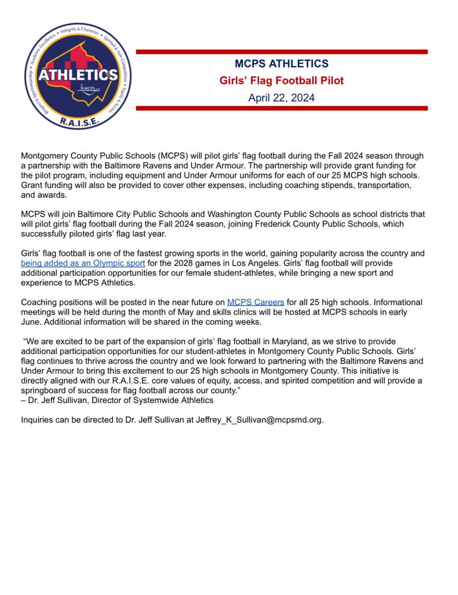 MCPS Athletics (@mcpsathletics) on Twitter photo Please see this exciting announcement about our girls’ flag football partnership with <a href="/Ravens/">Baltimore Ravens</a> & <a href="/UnderArmour/">Under Armour</a>! We look forward to providing more opportunities for our student-athletes! #WeRAISE <a href="/MCPS/">MCPS</a> <a href="/MPSSAA_Org/">MPSSAA</a> <a href="/NFHS_Org/">NFHS</a> Please see this exciting announcement about our girls’ flag football partnership with <a href="/Ravens/">Baltimore Ravens</a> & <a href="/UnderArmour/">Under Armour</a>! We look forward to providing more opportunities for our student-athletes! #WeRAISE <a href="/MCPS/">MCPS</a> <a href="/MPSSAA_Org/">MPSSAA</a> <a href="/NFHS_Org/">NFHS</a>