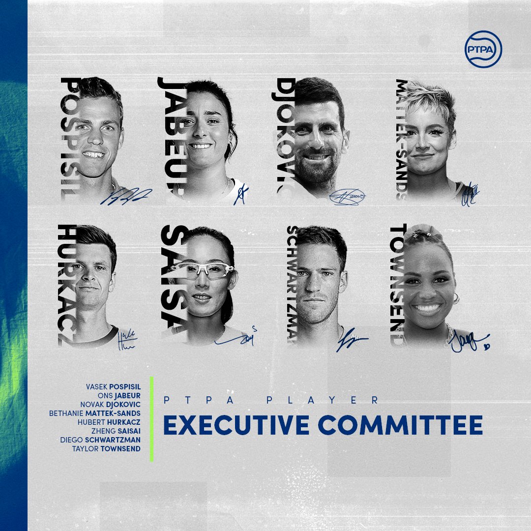 This crew >>> Fired up to continue protecting, empowering, and advocating for players worldwide with the leadership of our Executive Committee. @VasekPospisil · @Ons_Jabeur · @DjokerNole · @matteksands · @HubertHurkacz · @Zheng_Saisai · @dieschwartzman · @TaylorTownsend