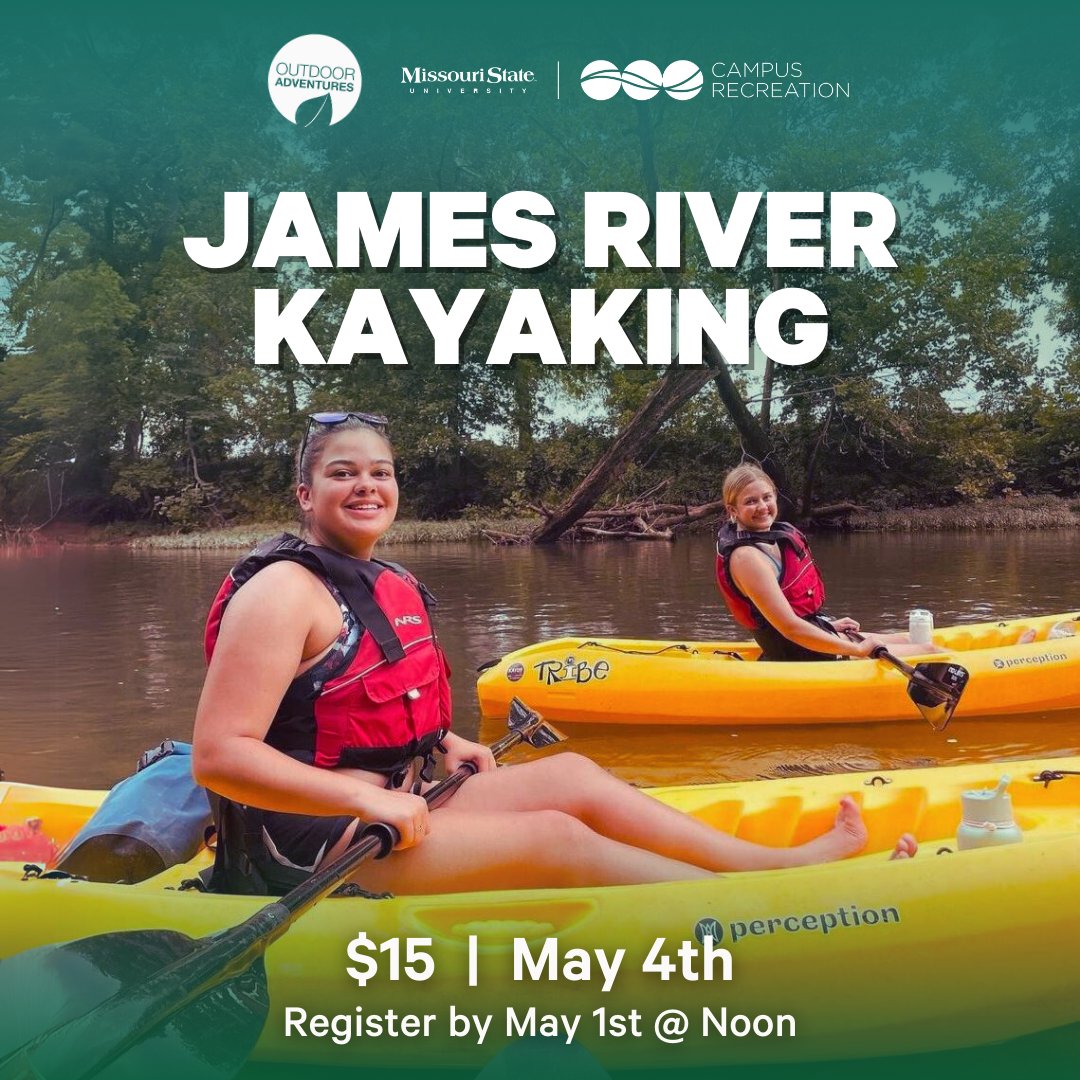 _MSUCampusRec's tweet image. We know you’re excited for summer lake days; good thing OA has you covered! Chill with us out in our kayaks on the James River for a day of relaxation. The river is a short drive from Springfield and has amazing views. No experience required, just bring yourself!🛶