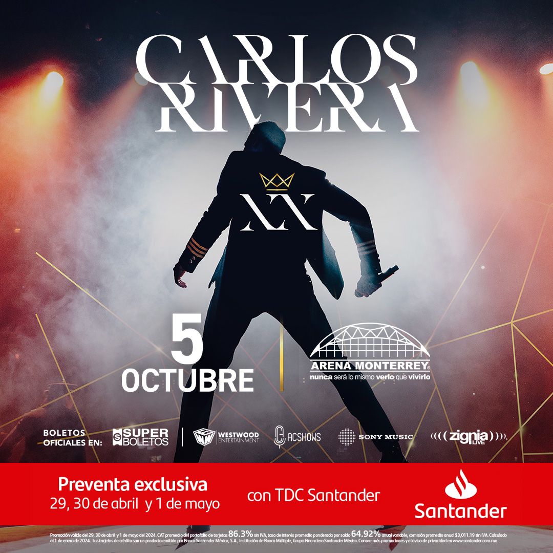 Reposted from @zignialiveoficial  🎤¡Prepárate para una noche inolvidable  #CarlosRivera llega a la #ArenaMonterrey este 5 de 10  No te pierdas este concierto único #CarlosRiveraEnLaArenaMonterrey   📌 PREVENTA SANTANDER 29, 30 de 4 1 Mayo   📌VENTA GENERAL  2/5 10:00 AM #CR_🧡🇦🇷