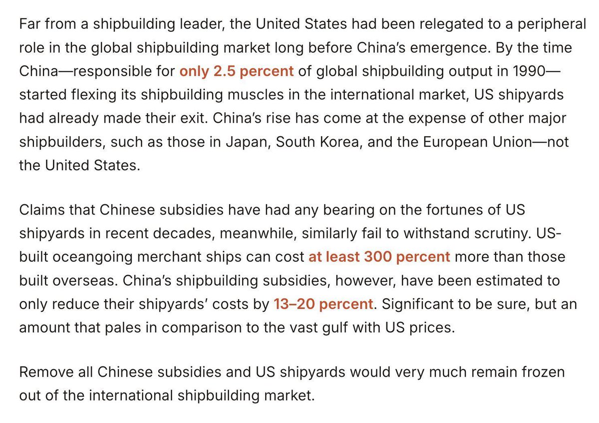 While there is no doubt that China engages in market‐​distorting practices, they have little explanatory power for the US shipbuilding industry’s enfeebled state. @cpgrabow writes... cato.org/blog/sorry-uni… #CatoTrade