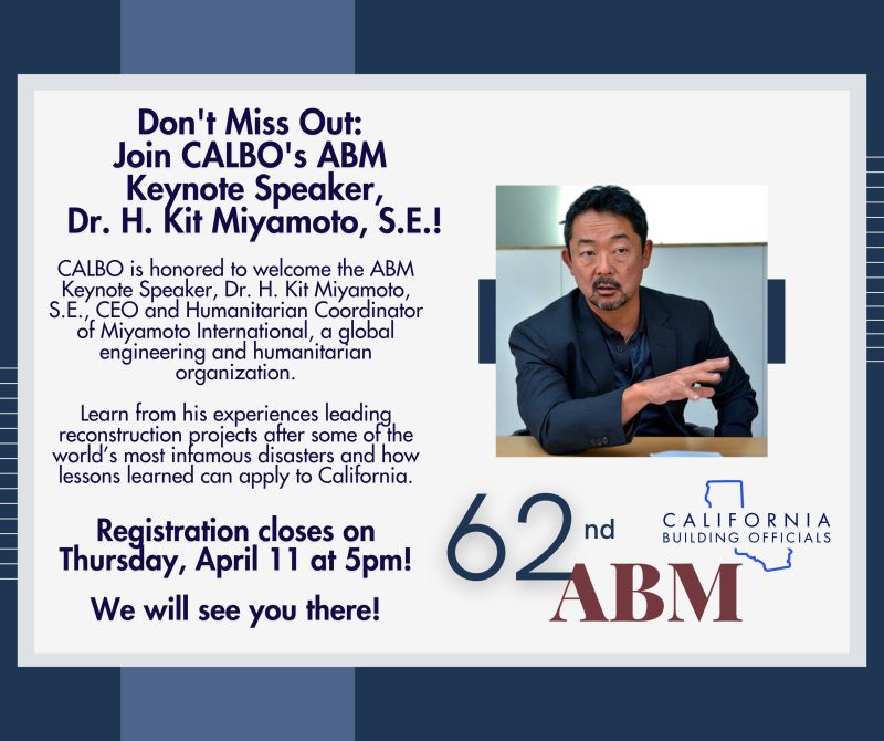 Dr. Kit Miyamoto will deliver keynote at CALBO ABM in Indian Wells today. Sharing insights on global reconstruction projects & resilience. Join building officials for education, networking & more. More info at: calbo.org #CALBO #BuildingSafety