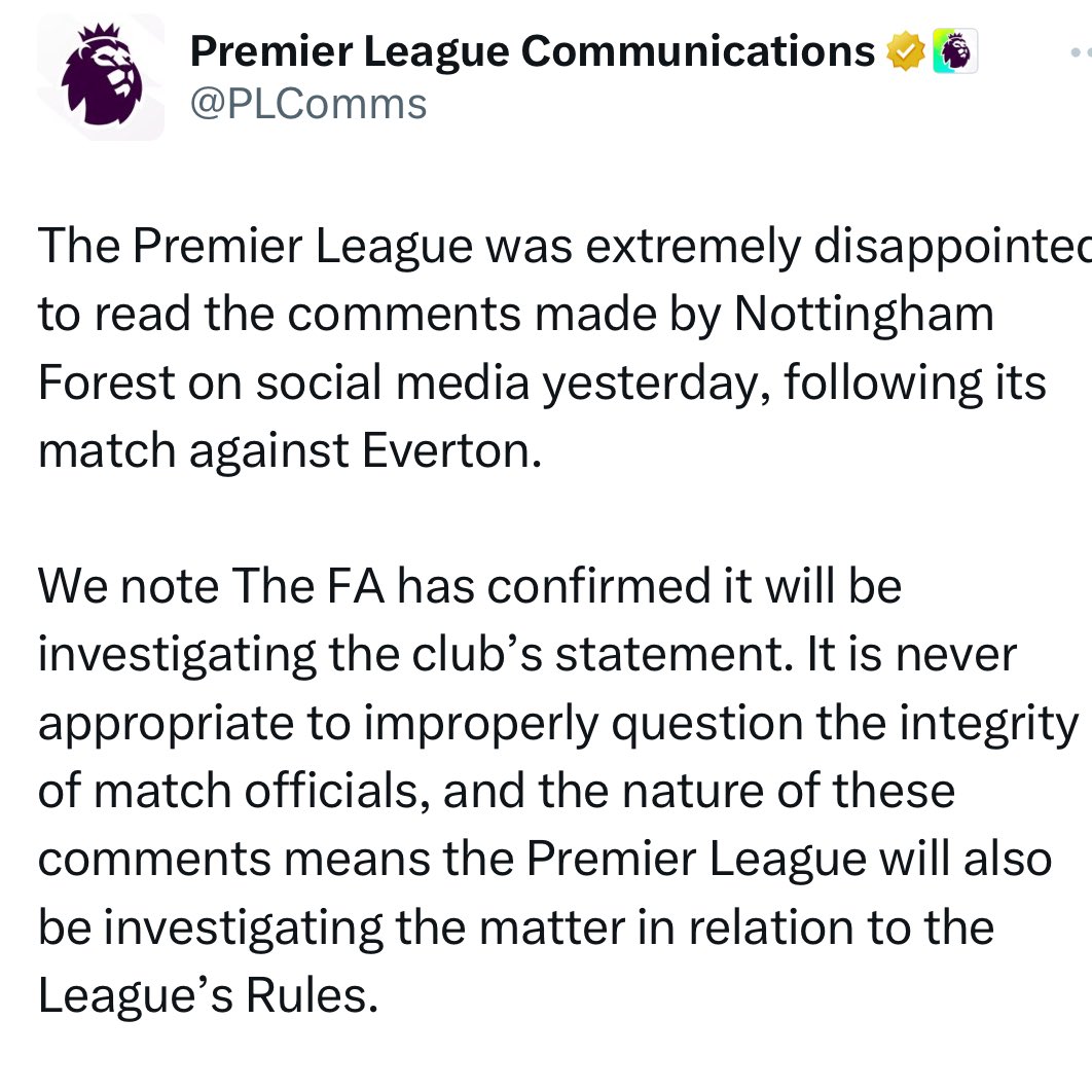 One of the strongest statements the Premier League has ever put out about one of its clubs. #NFFC #EPL